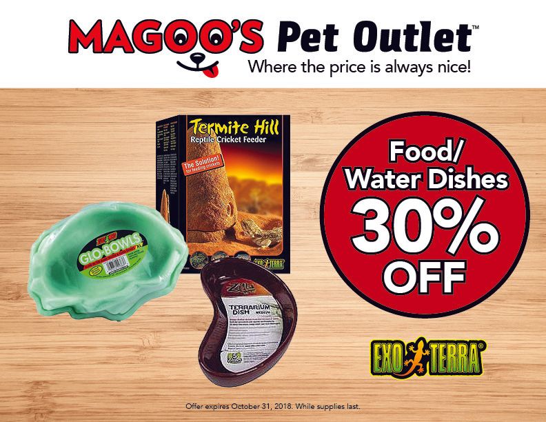Magoos Pet Outlet ad for food and water dishes, 30% off, with pet products on a wood background