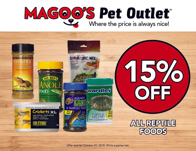 Magoos Pet Outlet ad with reptile food products and a red “15% OFF” sale badge