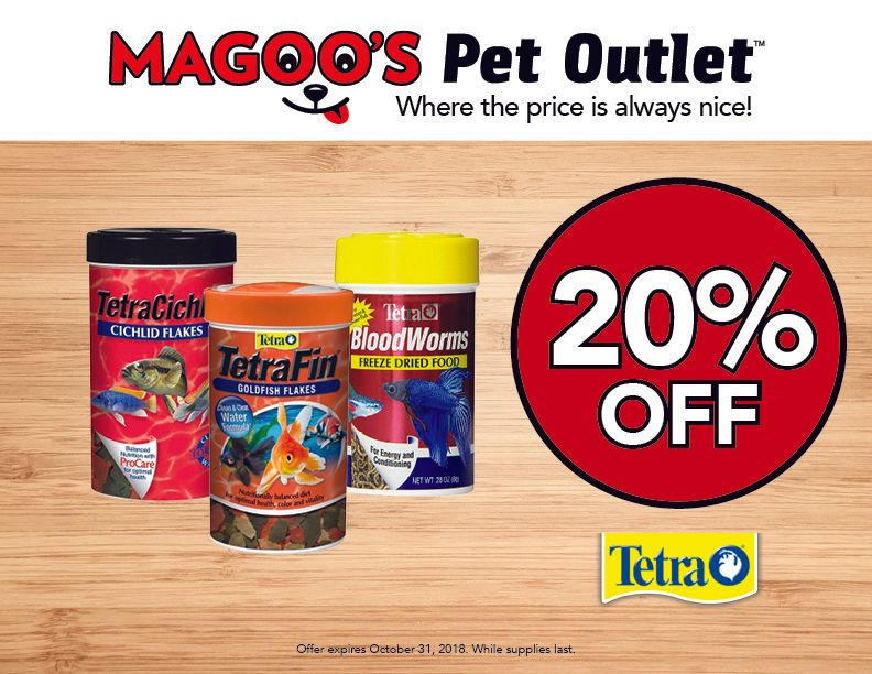 Magoos Pet Outlet ad with Tetra fish food cans and a red 20% off sale badge.