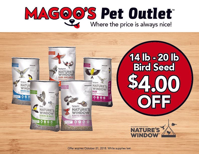 Magoos Pet Outlet ad for Nature’s Window bird seed, 14–20 lb bags, $4 off, with product bags and red sale badge