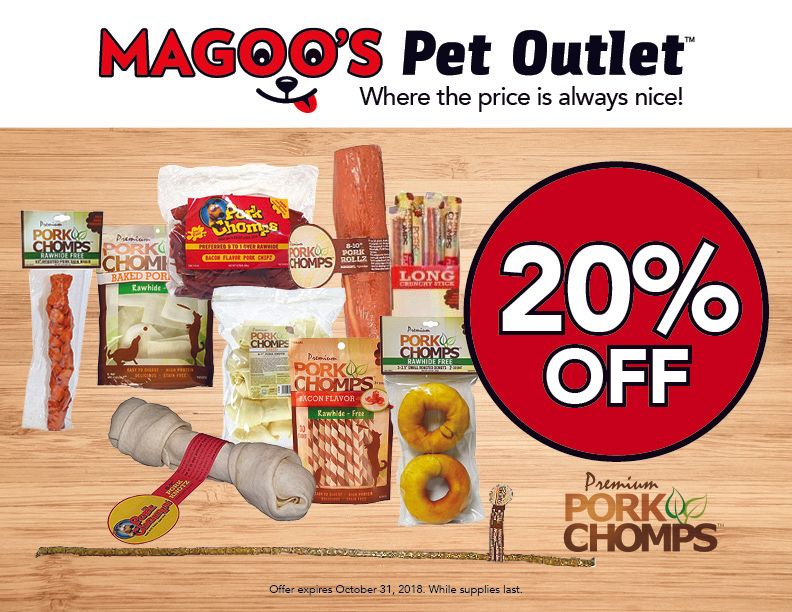 Magoo’s Pet Outlet sale ad with pet treats and food, featuring a large red “20% OFF” badge