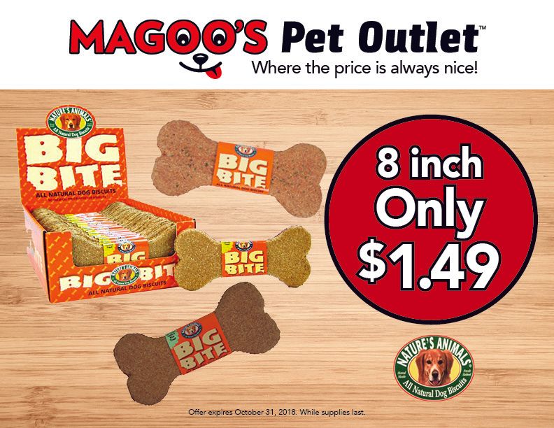 Magoos Pet Outlet ad for Big Bite dog treats, showing assorted treats and “8 inch only $1.49” promo.