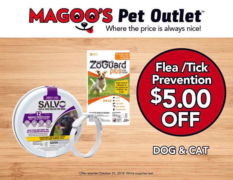 Magoos Pet Outlet ad for dog and cat flea/tick prevention, $5 off, with pet products on wood background