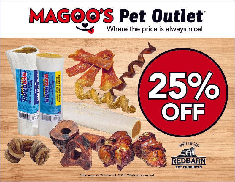 Magoos Pet Outlet ad with pet treats and a red 25% off sale badge