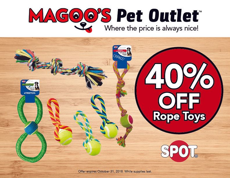 Magoos Pet Outlet ad showing colorful rope dog toys and a red 40% off sale badge