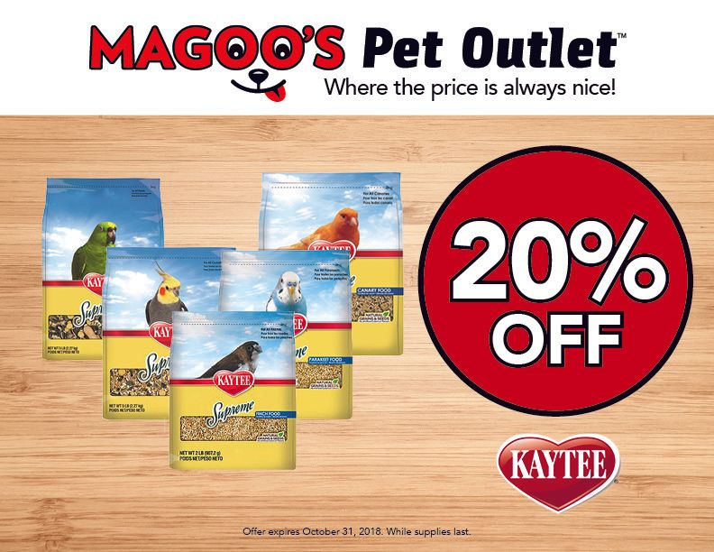 Magoo’s Pet Outlet ad with pet food packs and a red “20% OFF” sale badge on a wood background