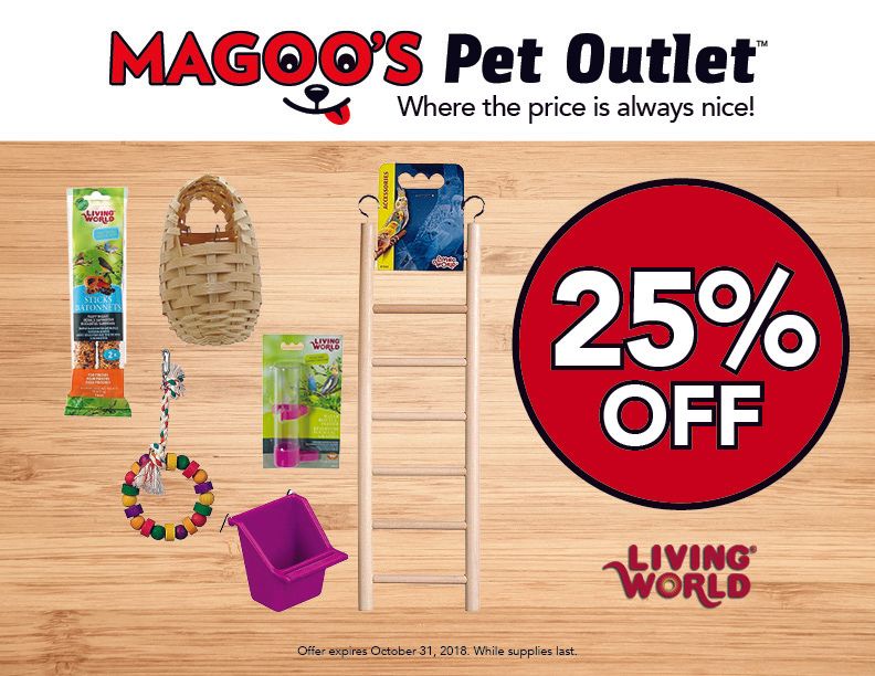 MAGOO’S Pet Outlet ad with pet products and a red “25% OFF” sale badge on a wood background