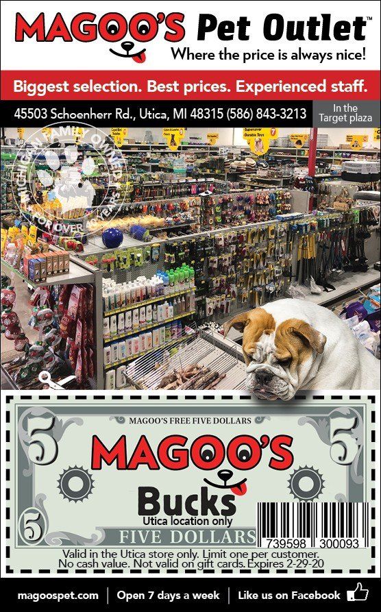 Magoo’s Pet Outlet storefront with pet supplies, dog, and a “$5 Magoo’s Bucks” coupon