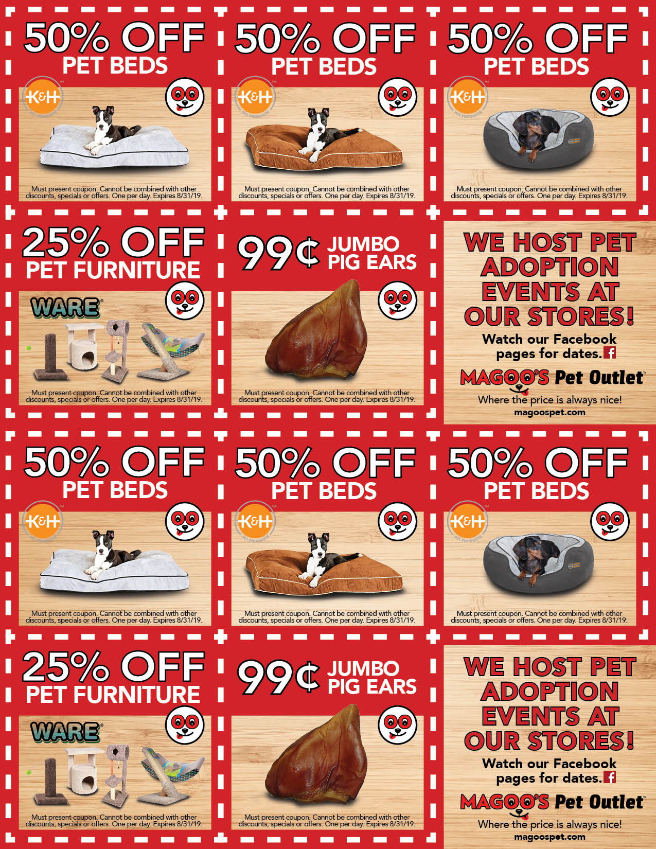 Red pet store ad with pet beds, pet furniture, jumbo pet bags, and a nonprofit adoption message.