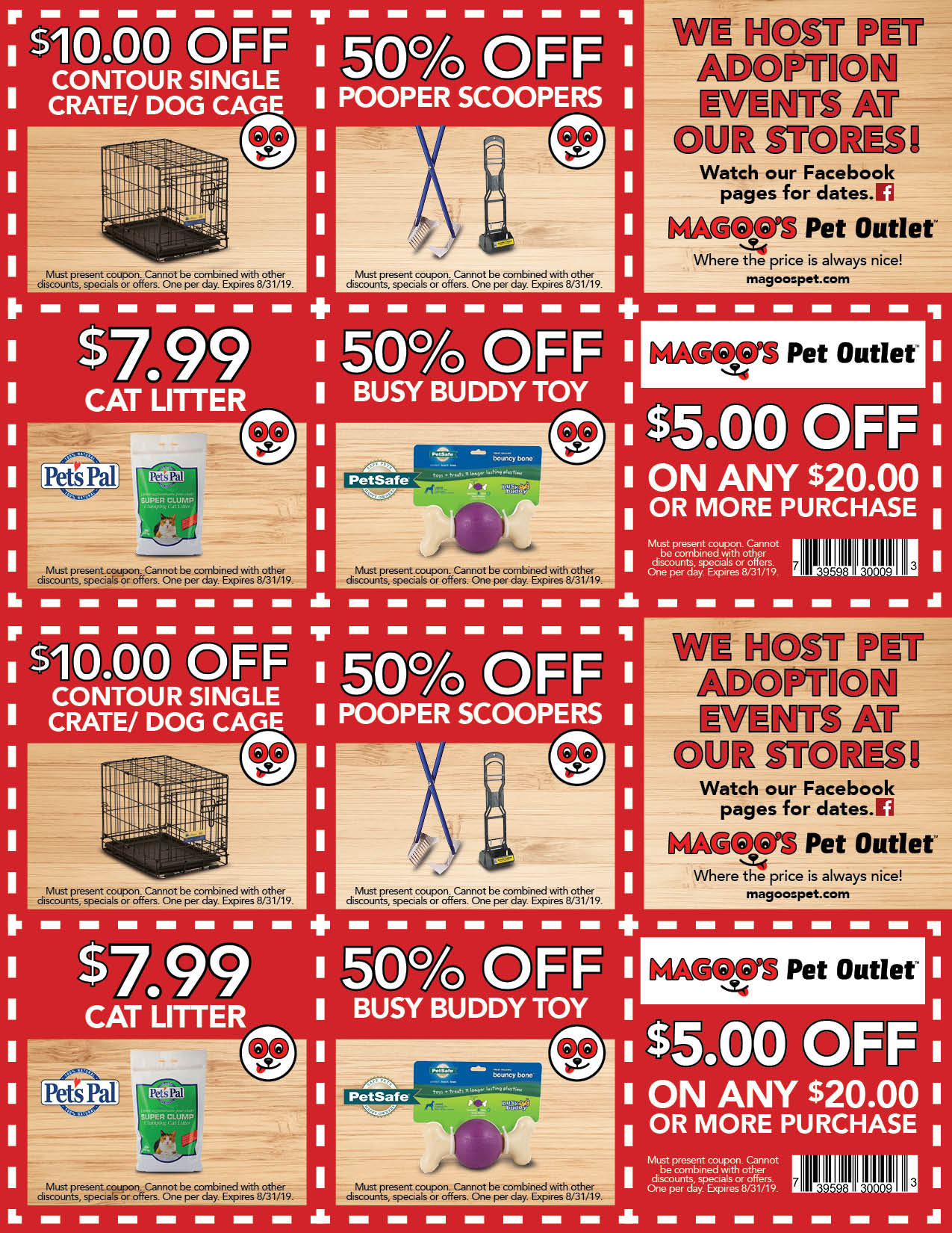 Red pet-store coupons for cat litter, popper scooper, Busy Buddy toy, and $5 off $20, repeated twice