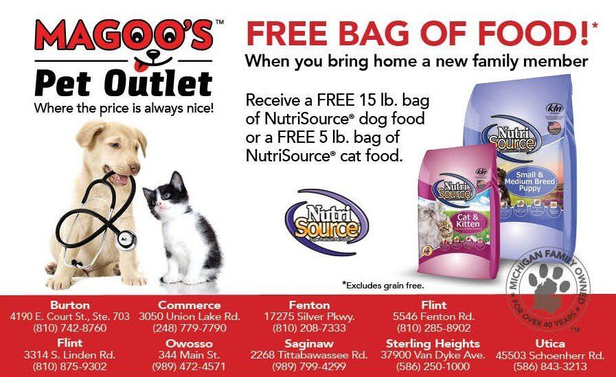 Magoos Pet Outlet ad with free pet food bag offer and pet supplies on a red background.