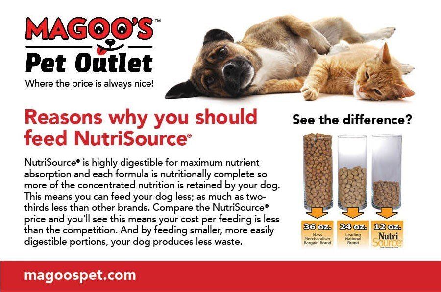 Magoo’s Pet Outlet dog food ad with sleeping dog, Nutrissource bags, and “See the difference?” text