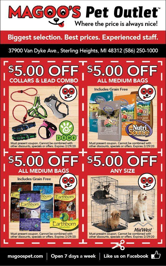 Magoos Pet Outlet sale flyer with multiple $5 off coupons for pet supplies and bags of food