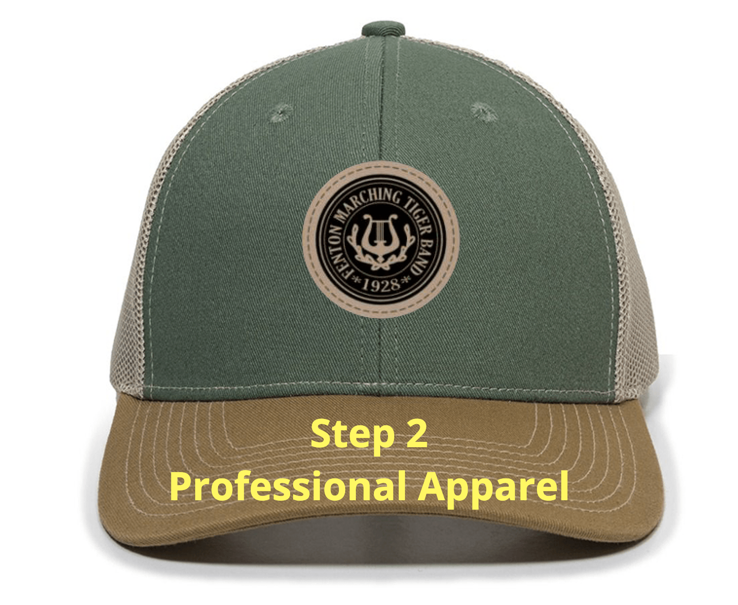 A green and brown truckers hat with a Fenton Tigers Marching Band logo patch