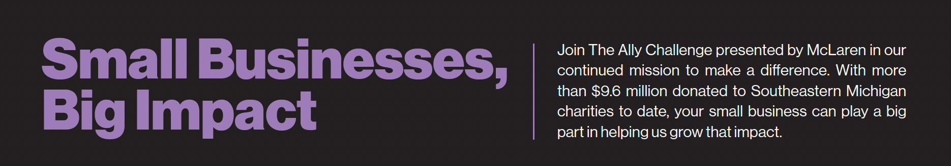 Purple banner reading “Small Businesses, Big Impact” with a small white paragraph on the right.