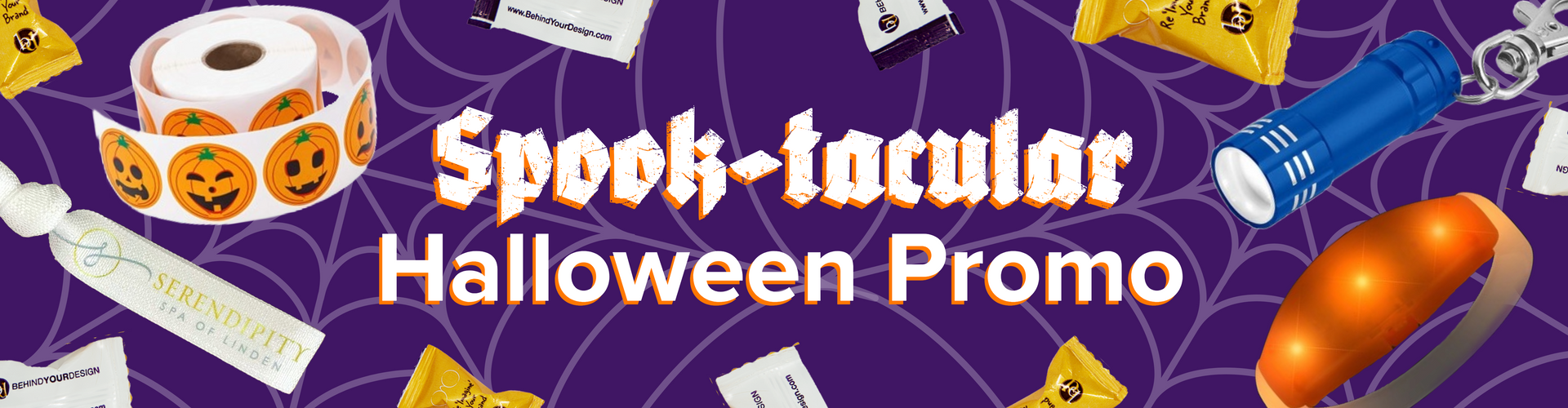 Spook-tacular Halloween promo with purple background, candy, pumpkins, and a tissue roll costume graphic