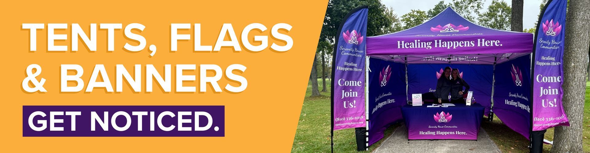Purple tent and matching banner display with “TENTS, FLAGS & BANNERS” and “GET NOTICED” text.