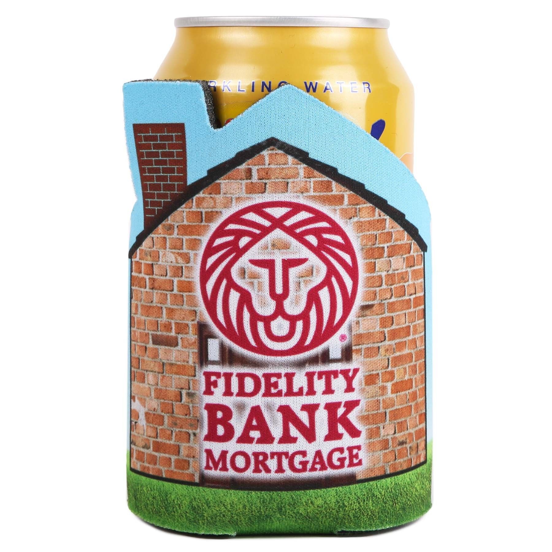 Fidelity Bank Mortgage logo on a brick house-shaped object with a blue roof and green grass base