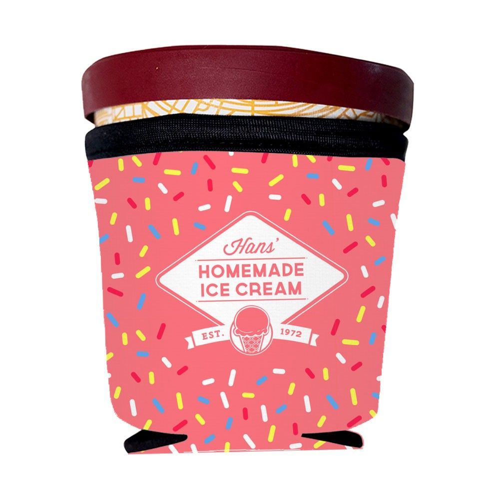 Pink speckled homemade ice cream pint with maroon lid and label on white background