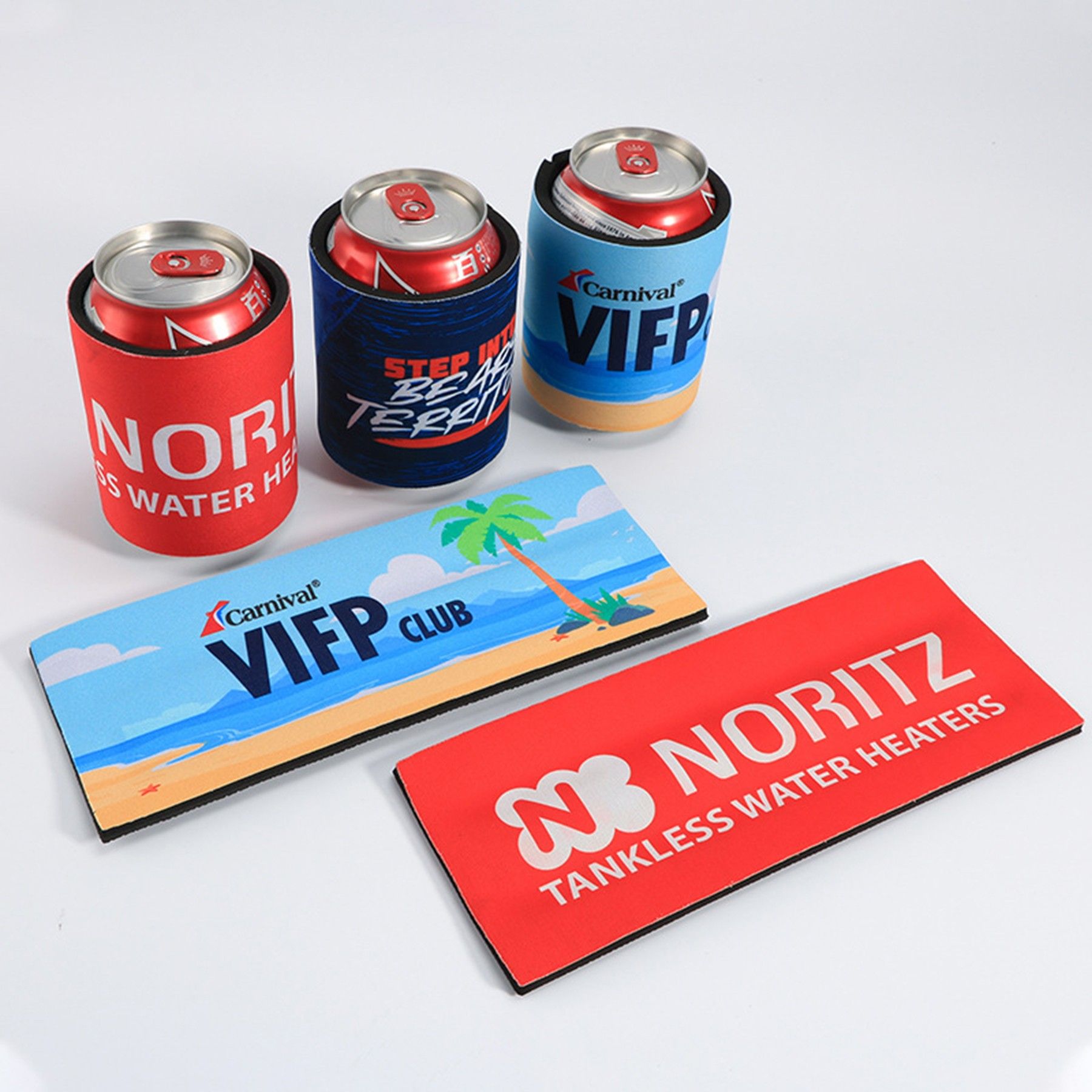 Three beverage cans and two branded labels, including Noritz tankless water heaters and Vifp Club