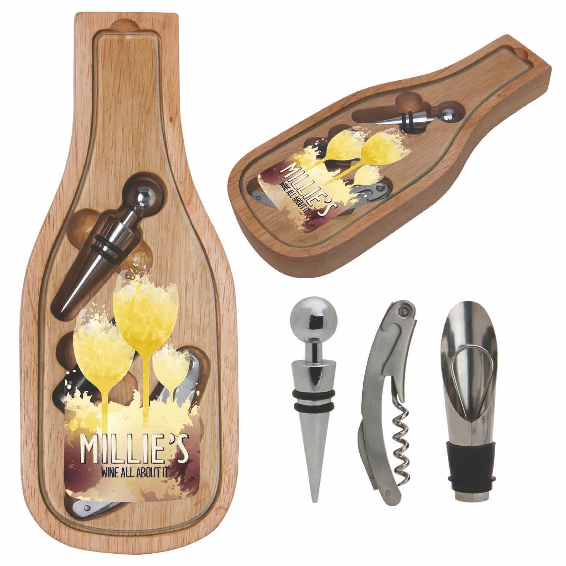 A wooden bottle shaped wine set with millie 's written on it