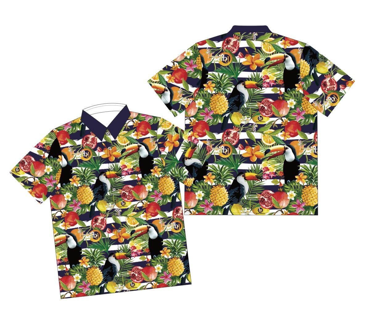 A shirt with a toucan and fruit pattern on it