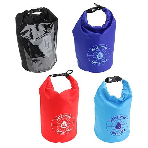 Four colorful roll-top dry bags: black, blue, red, and light blue.