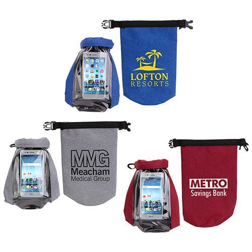 Promotional phone pouch holders in blue, gray, and red with branded logos and a smartphone inserted