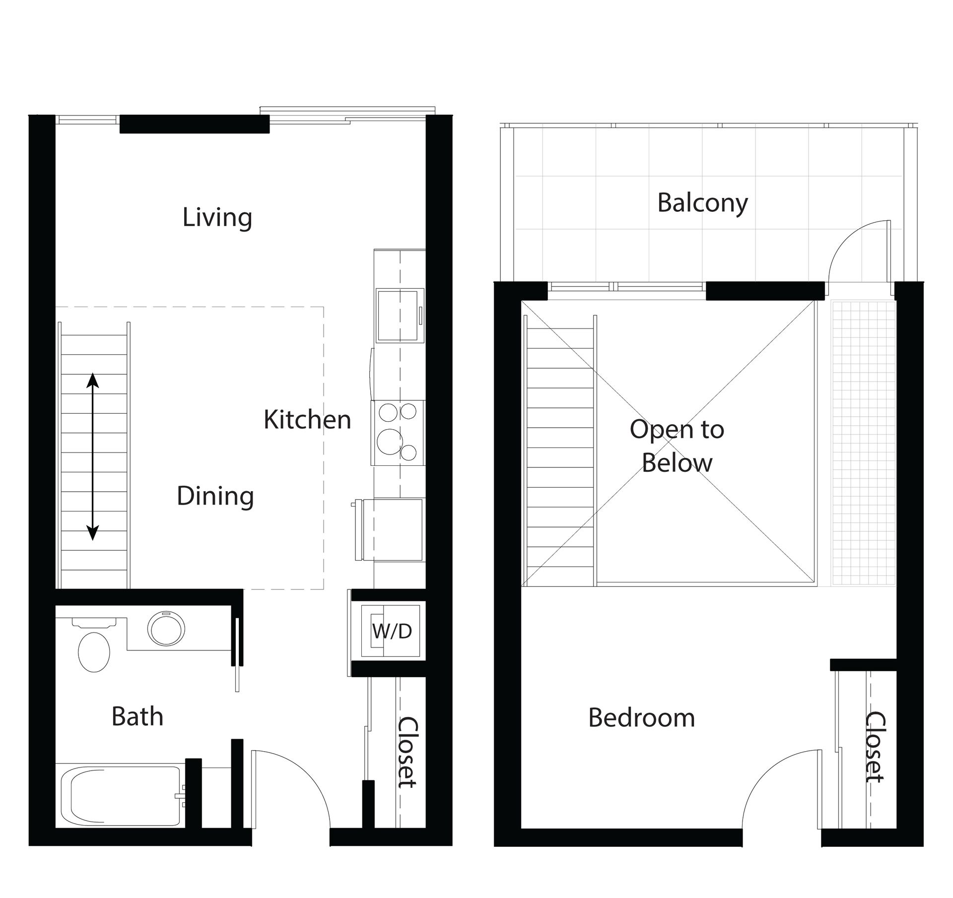 Two-floor architectural floor plan labeled main floor and mezzanine, showing rooms and stairs.