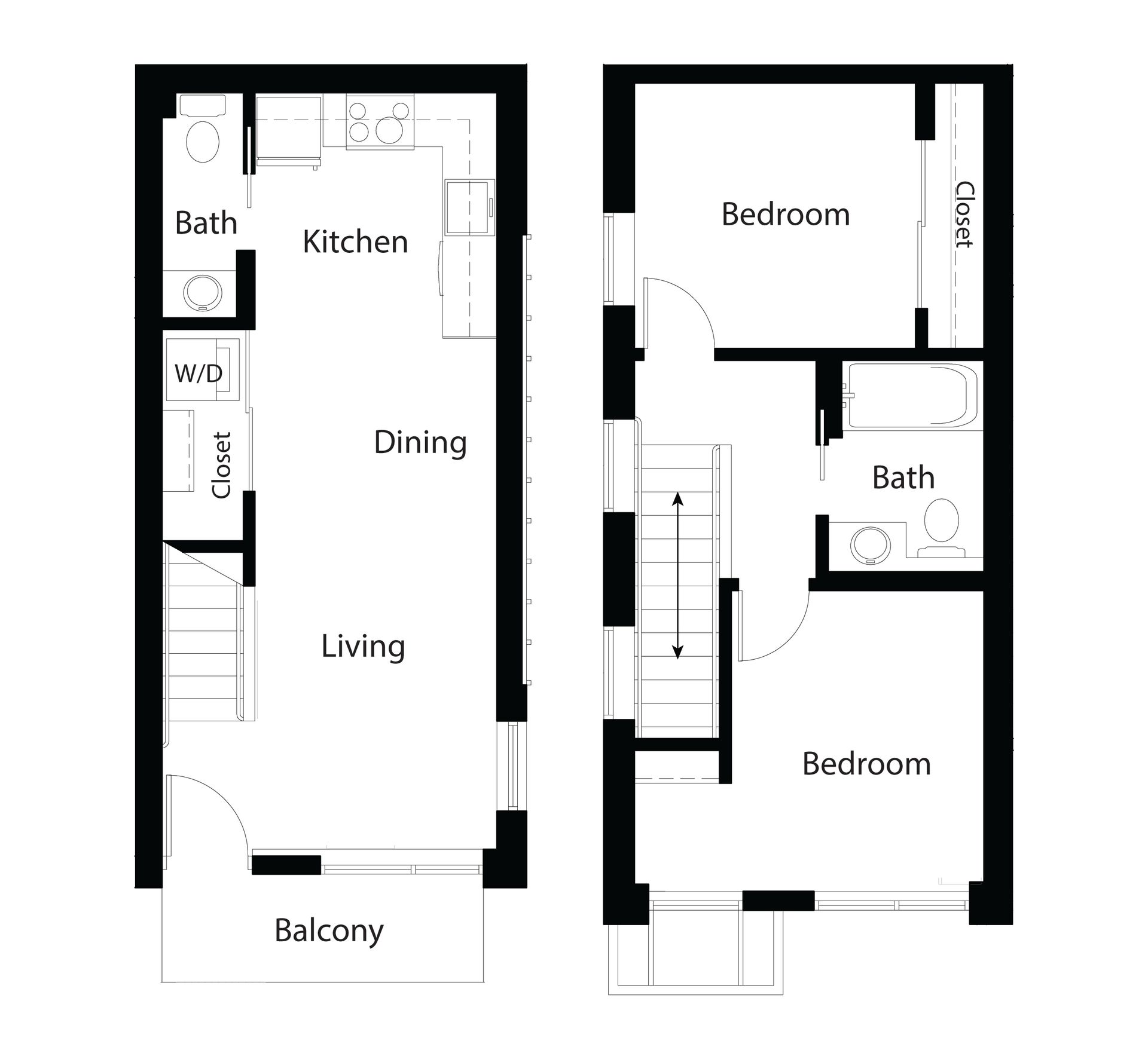 Black-and-white floor plans labeled Floor 1 and Floor 2, showing room layouts and a patio.