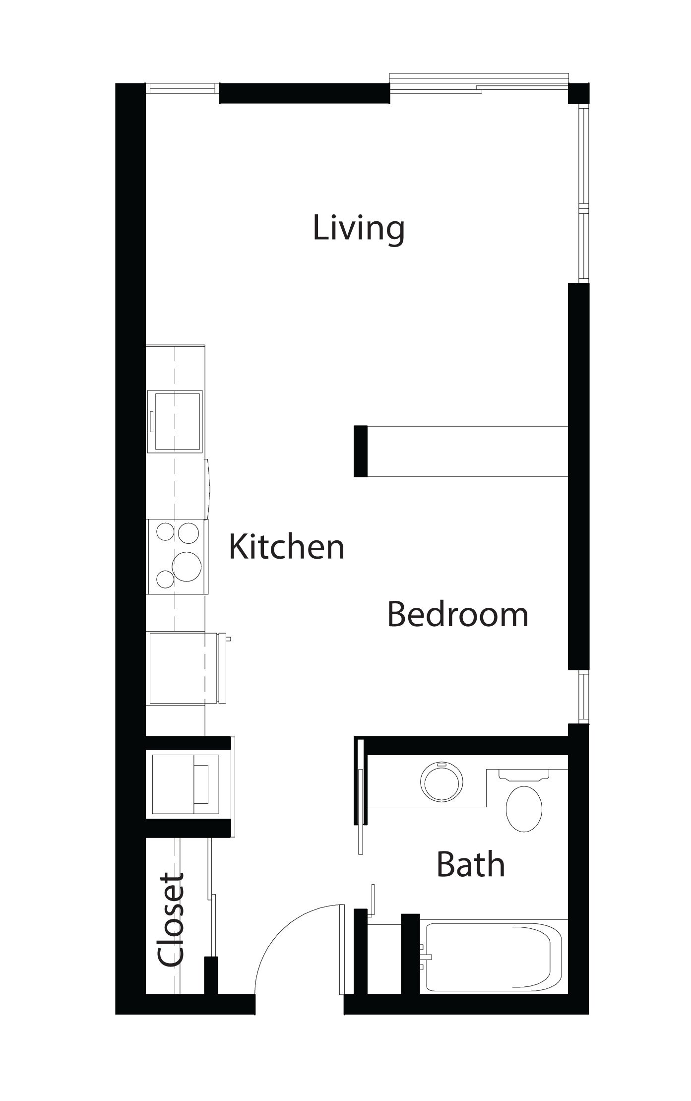 Black-and-white floor plan of a narrow rectangular apartment with rooms, doors, and fixtures marked.
