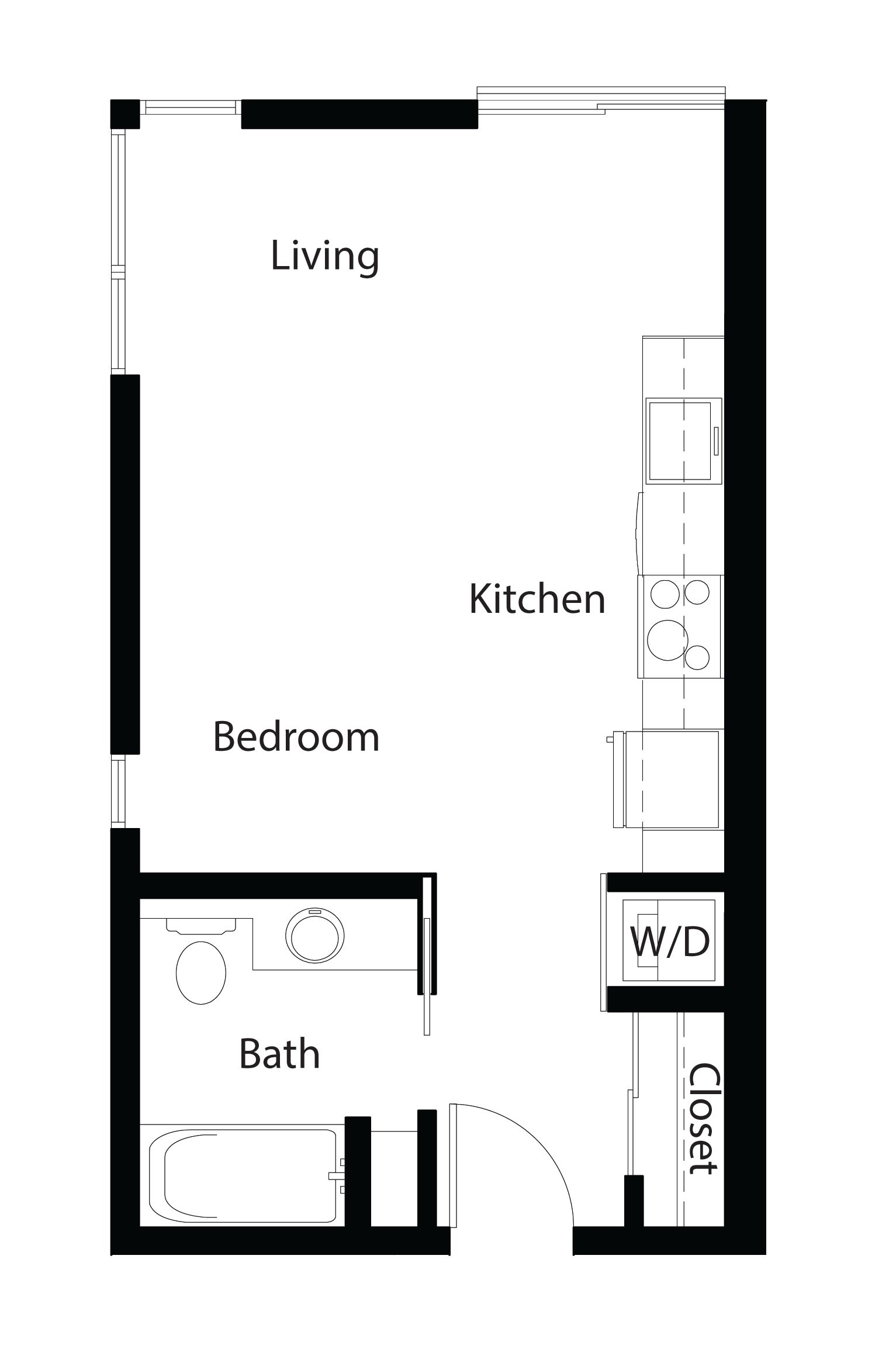 Black-and-white floor plan of a small apartment with kitchen, bath, and open living area.