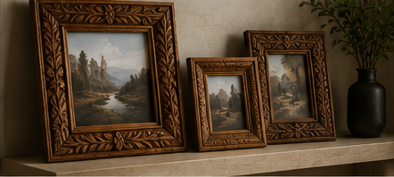 Three framed landscape paintings on a shelf beside a dark vase and plant