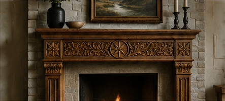 Ornate carved wooden fireplace mantel with black vases and candlesticks against a stone wall