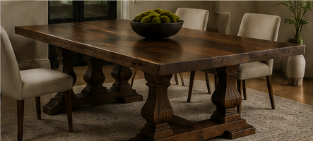 Dark wood dining table with beige chairs and a bowl of green fruit in a cozy room