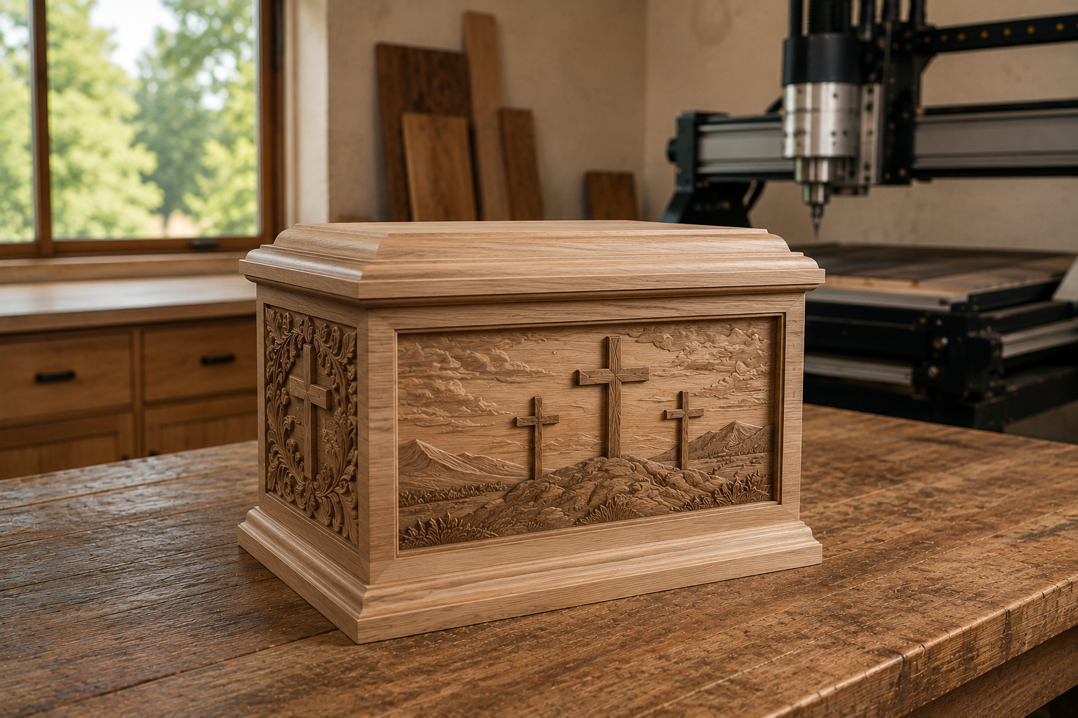 Wooden urn with carved crosses on a workshop table, in a woodworking shop