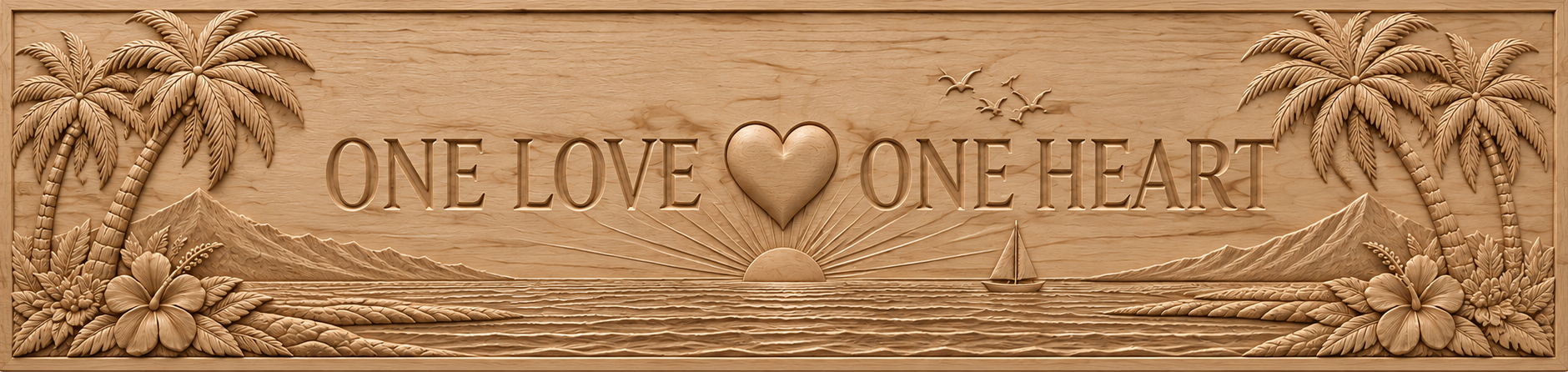 Wooden plaque with carved hearts and the words “One Love One Heart”