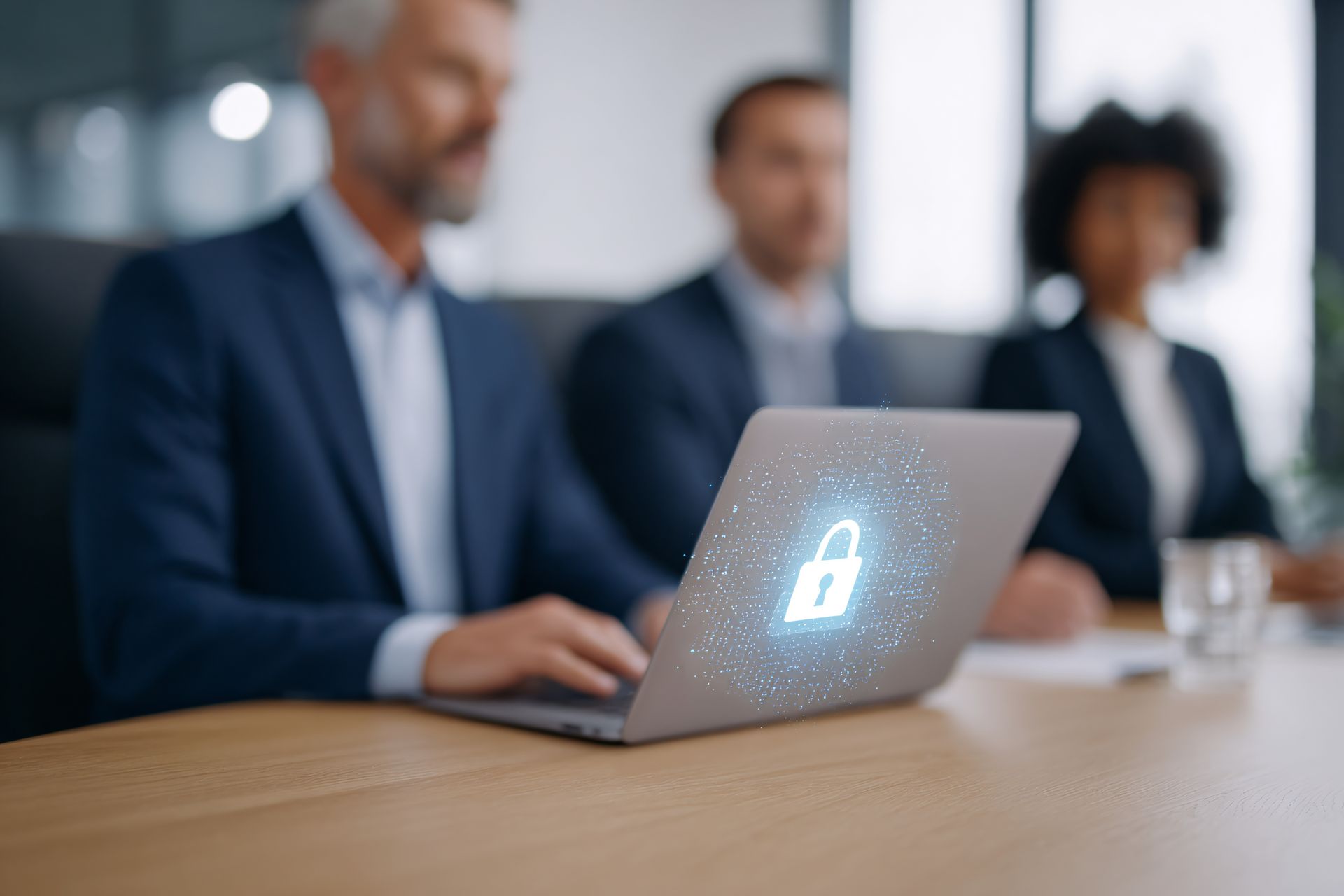 Business team reviewing laptop displaying digital cybersecurity lock icon