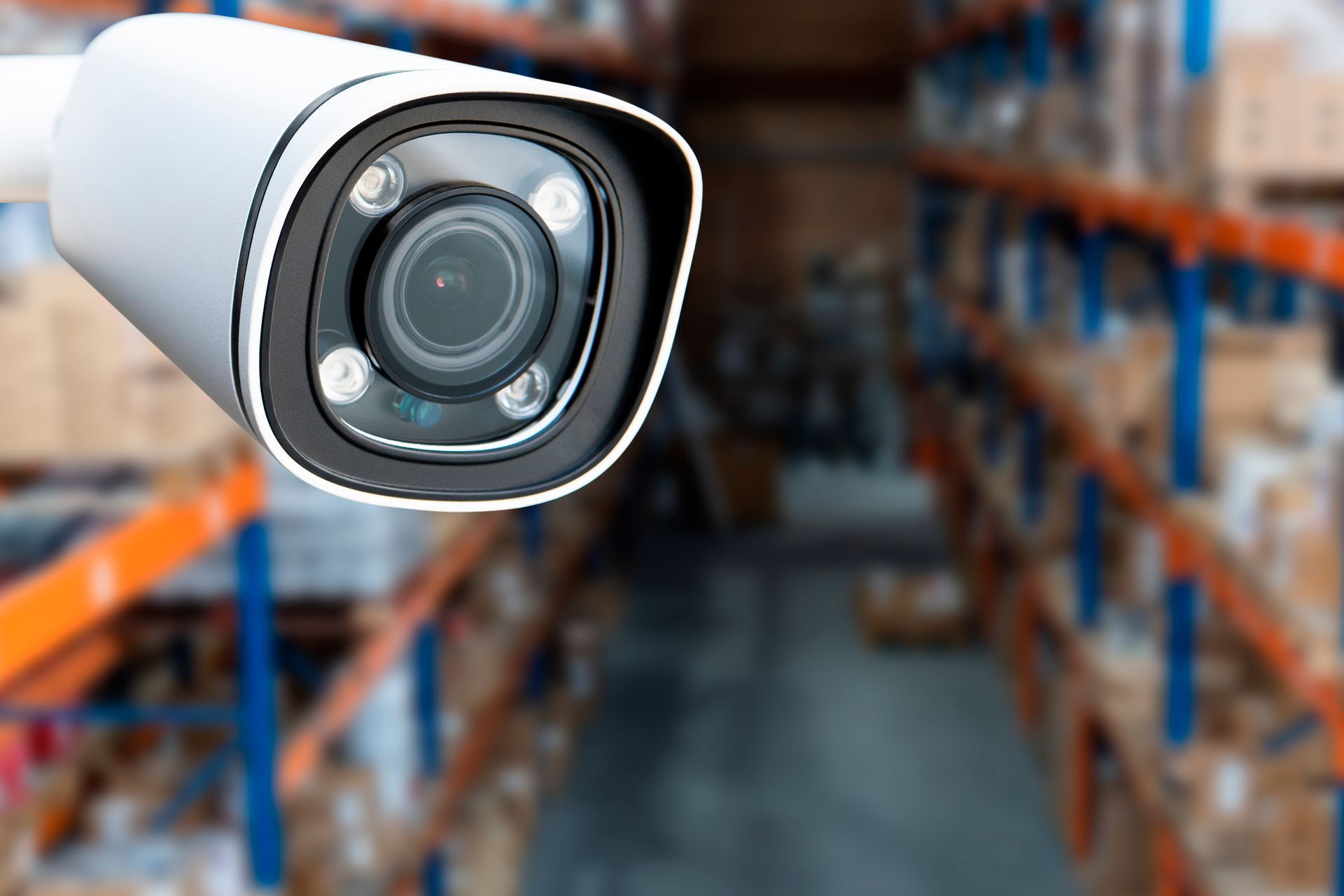 Close-up of a security surveillance camera monitoring a warehouse.