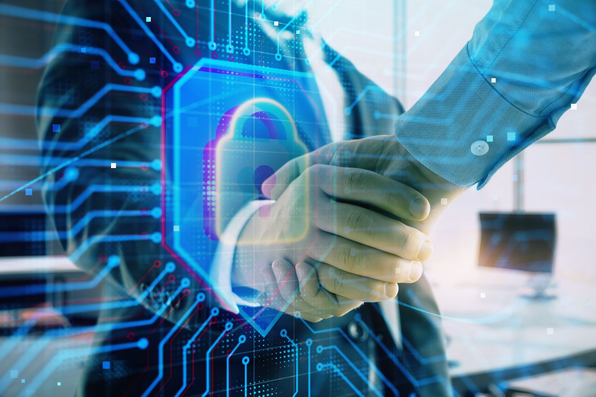 Two professionals shaking hands over a glowing digital lock during a security consulting meeting.