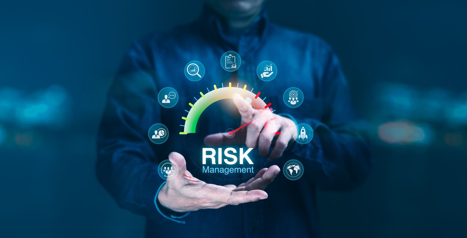 Man holding a green 'Risk Management' sign, symbolizing control and smart business decisions