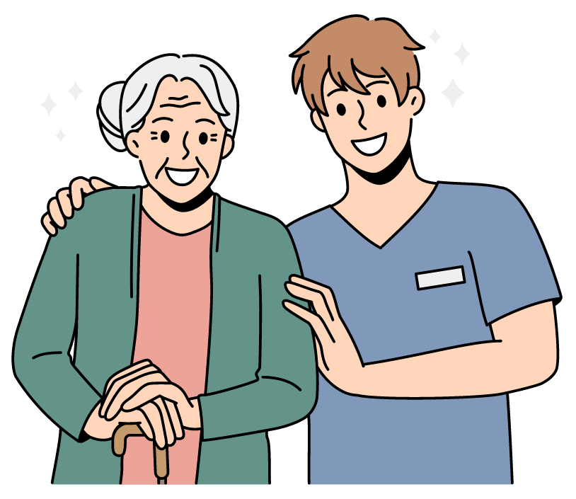 An elderly woman with a cane is standing next to a young man.