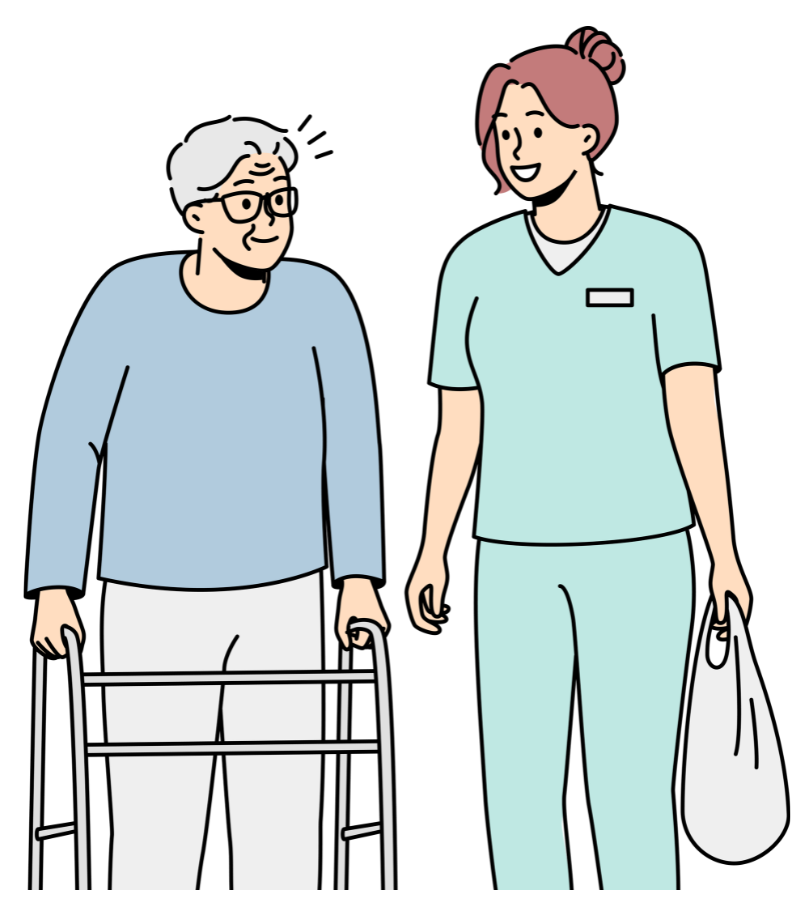 A nurse is helping an elderly woman with a walker.