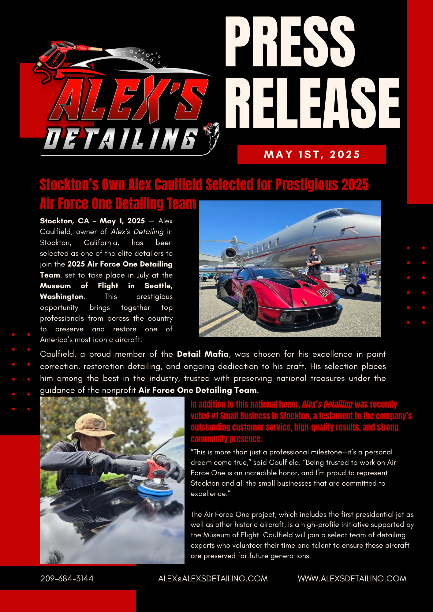 Press release for Alex's Detailing. Features photos of red car by a plane and a person detailing a black car.