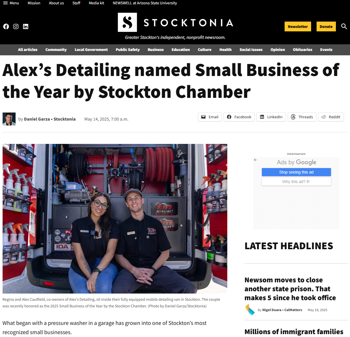 Two people in front of a detailing van, smiling. Article headline: