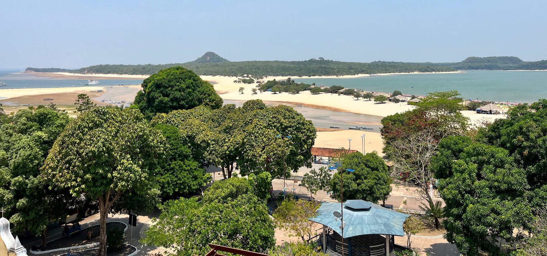 Uma vista aérea de uma praia com árvores em primeiro plano