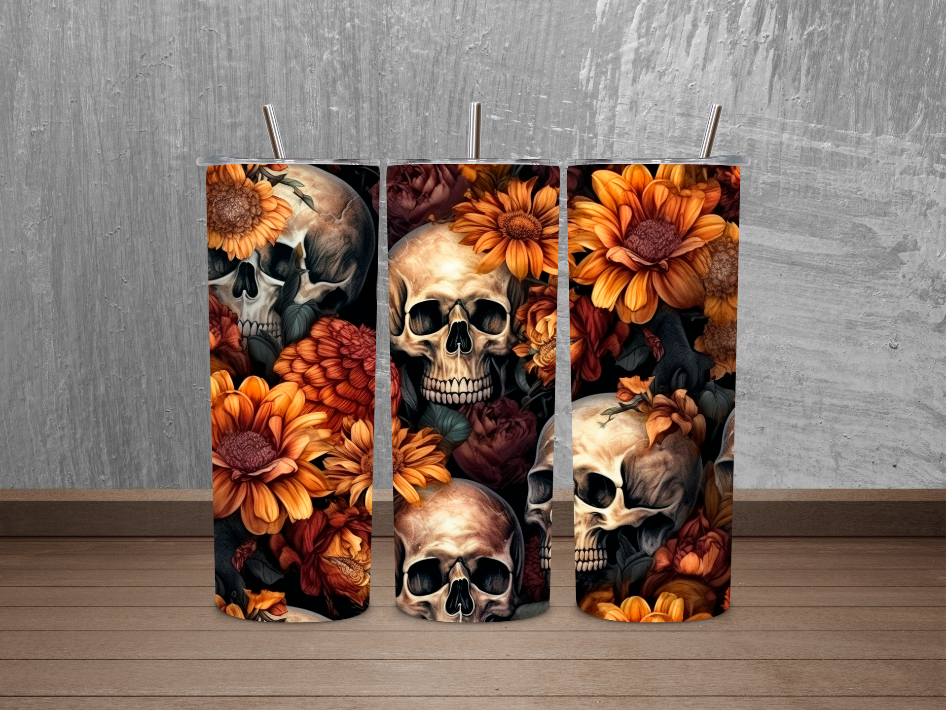 20oz 4xSkulls Sunflowers Tumbler