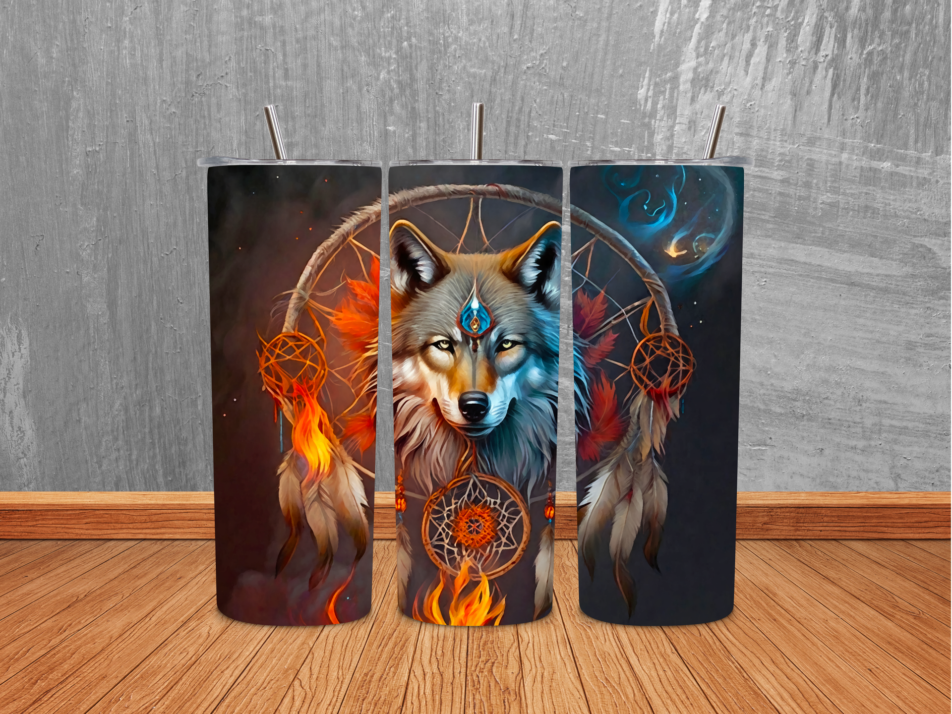 20oz Feather Flames Wolf - Dreamcatcher