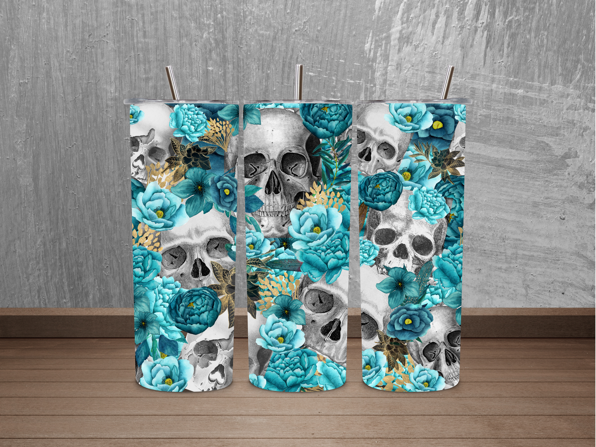 20oz Teal Floral Skull Tumbler