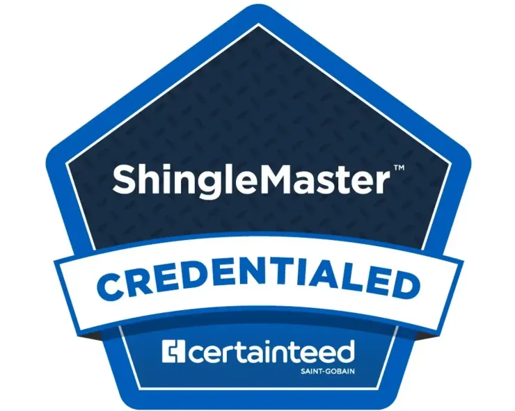 Blue ShingleMaster credentialed badge with CertainTeed logo and “CERTAINTED” banner